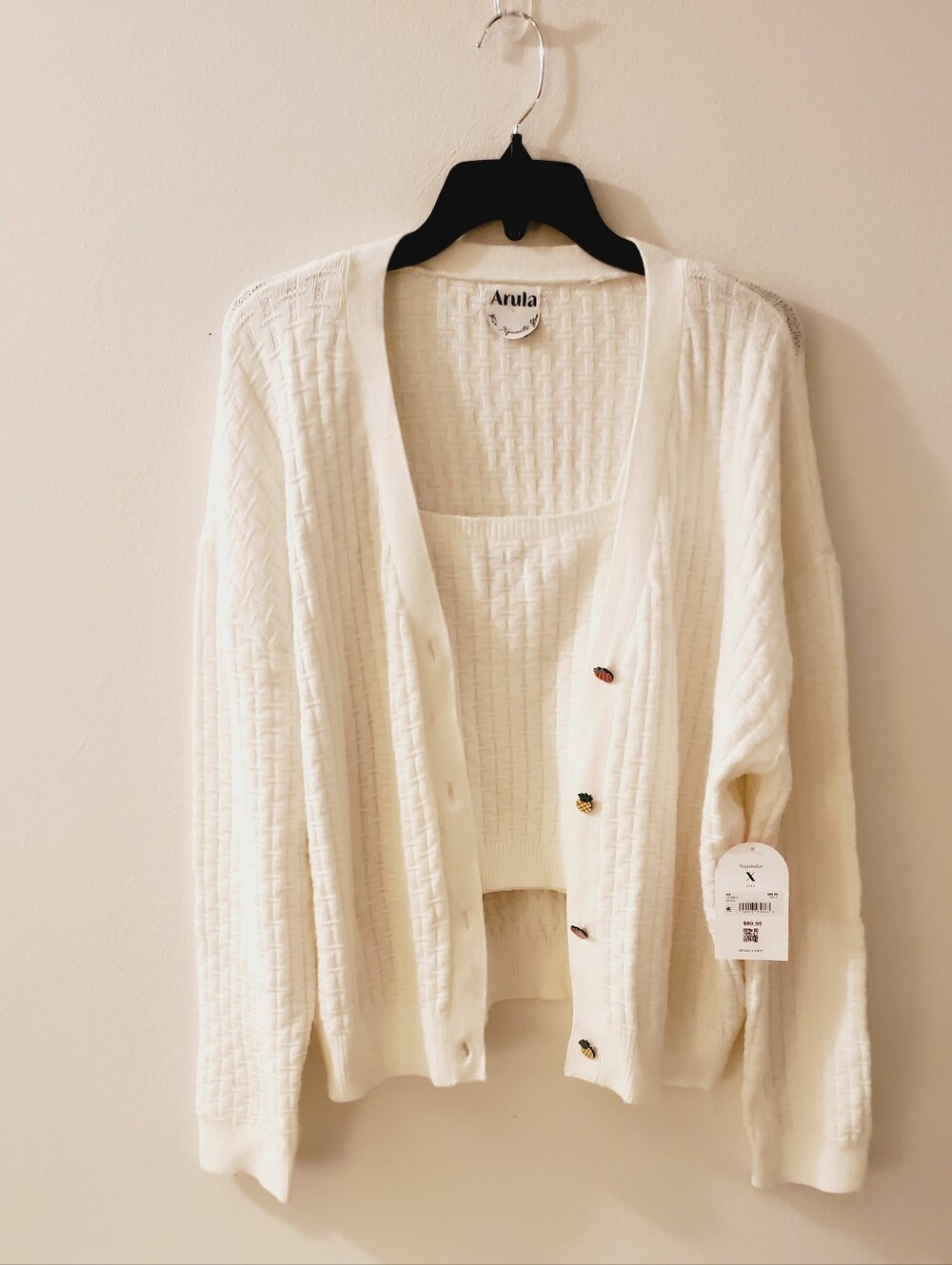 Arula Women's Cream Knit Cardigan with Matching Tank Fruit Buttons Size XL
